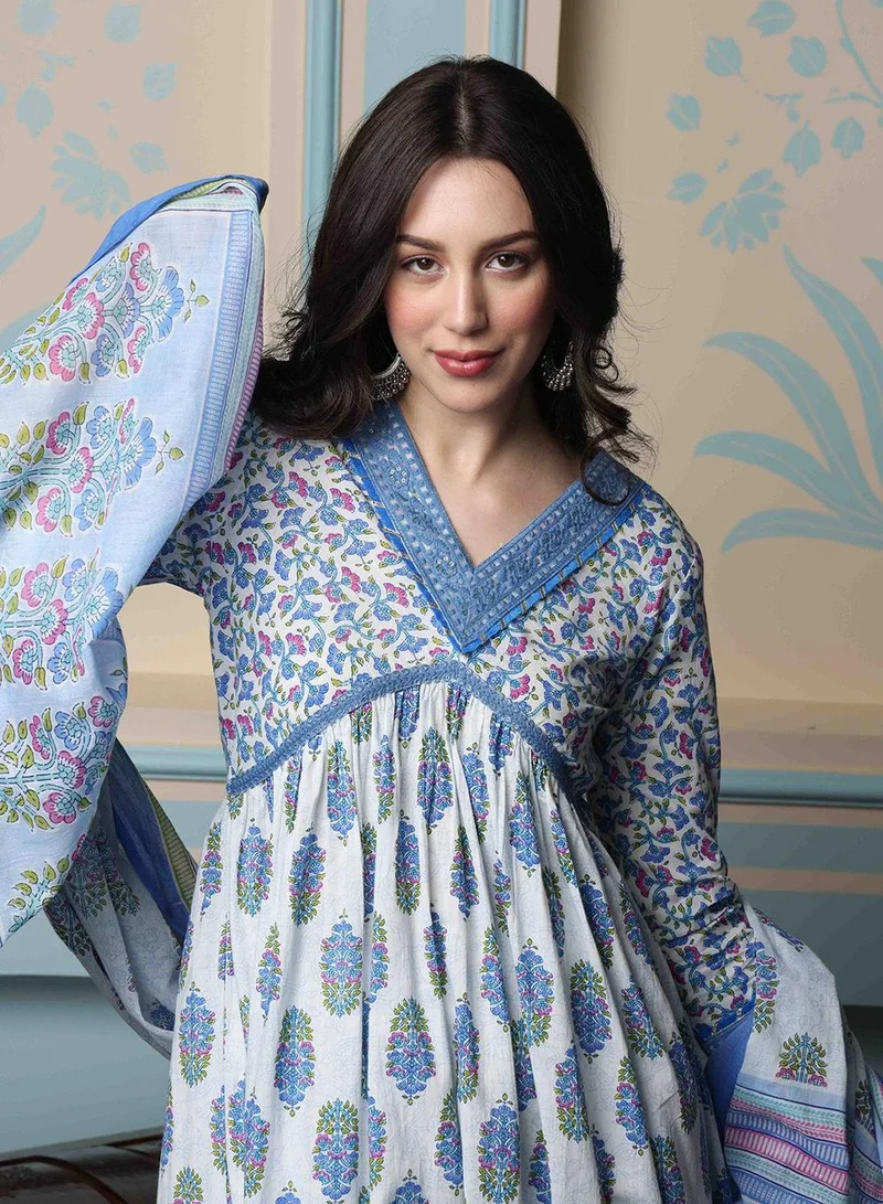 آي شين طقم كورتا بالازو نسائي أزرق قطن % بتصميم ذاتي بطول كامل